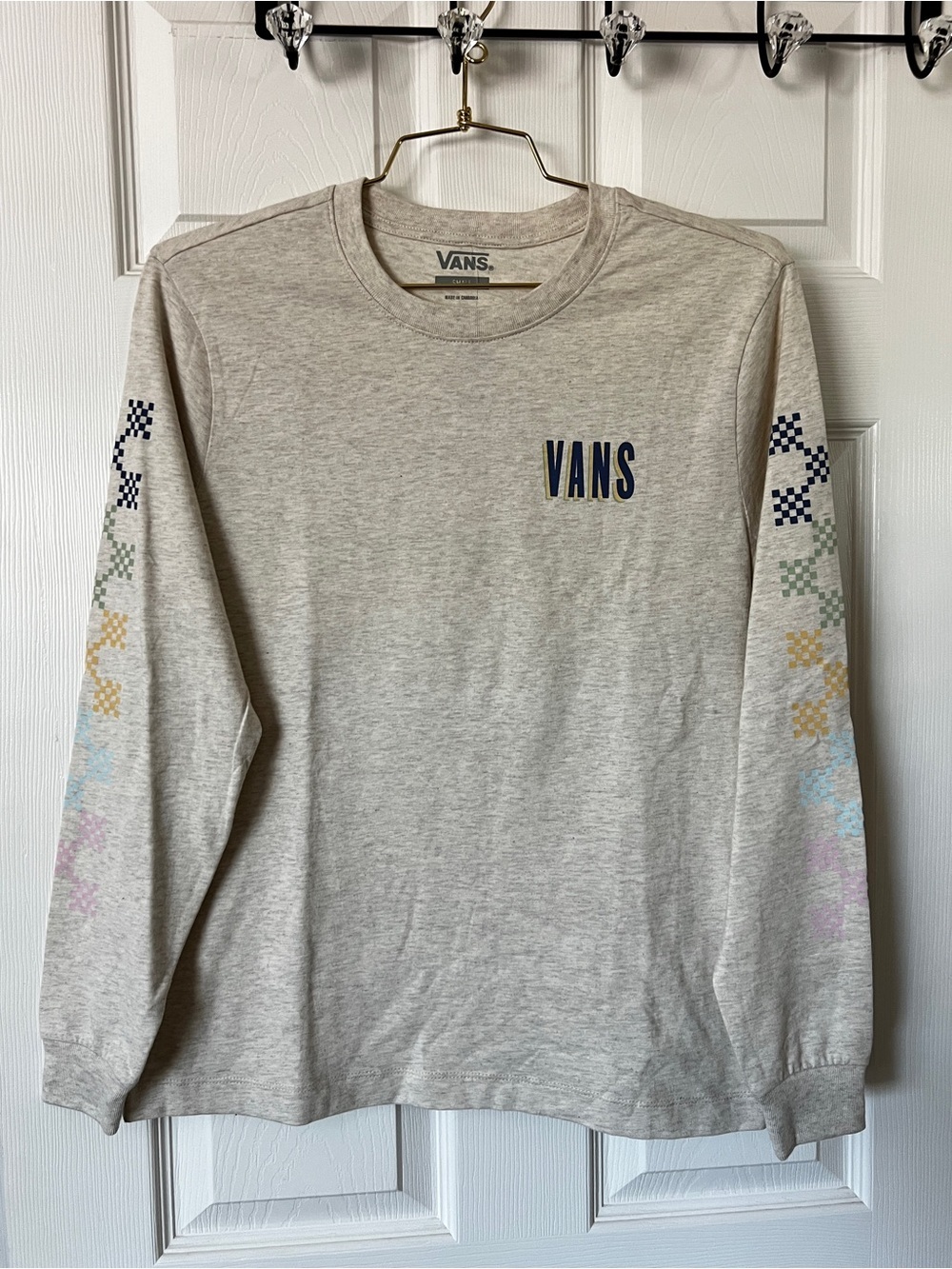 Vans Checker mate Long Sleeve T-Shirt Cotton Oatmeal Beige Size Small